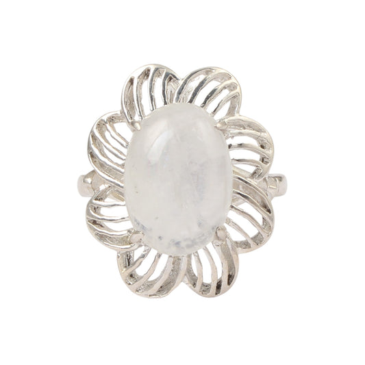 Floral Designer Rainbow Moonstone Ring 925 Sterling Silver Natural Oval Gemstone Prong Setting Ring
