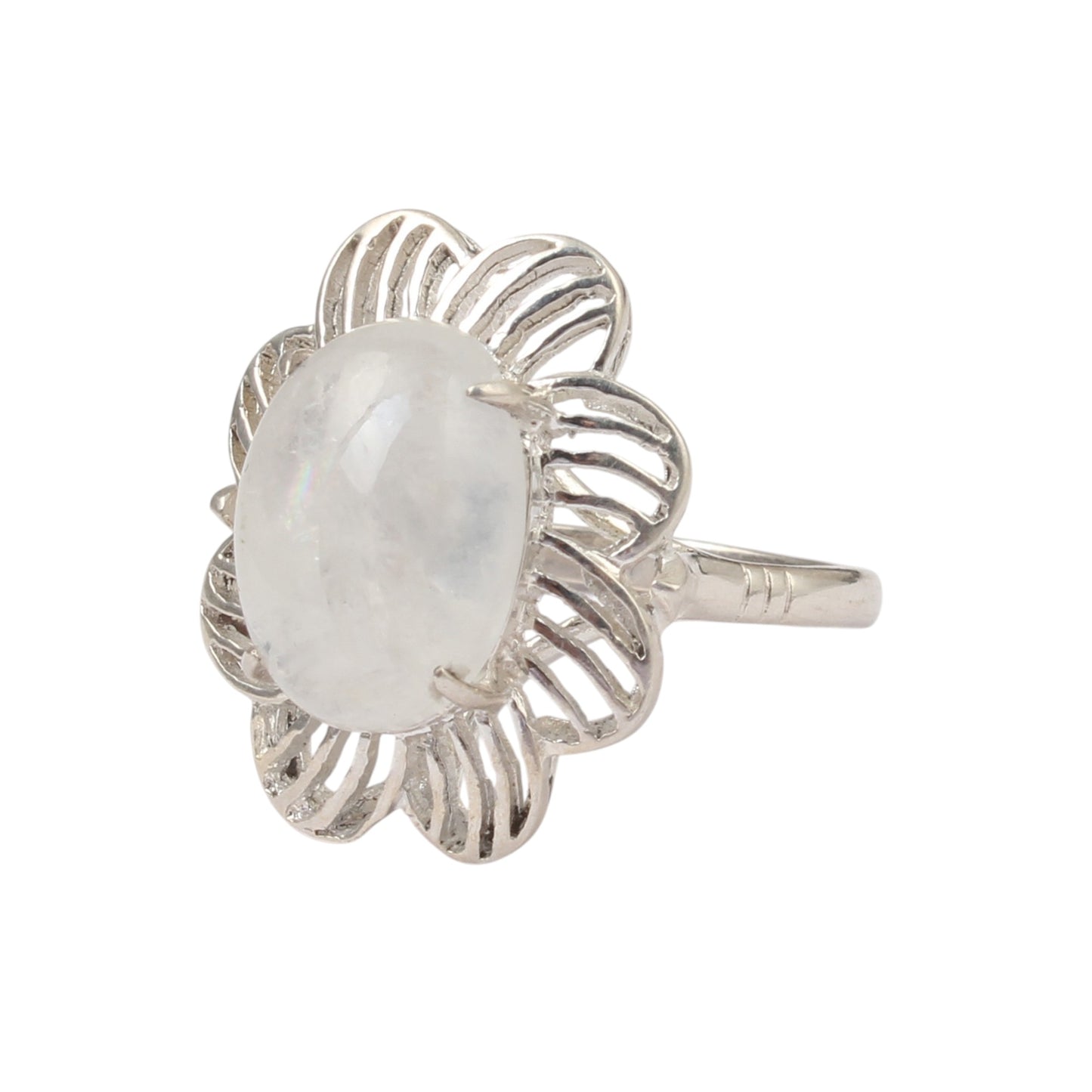 Floral Designer Rainbow Moonstone Ring 925 Sterling Silver Natural Oval Gemstone Prong Setting Ring