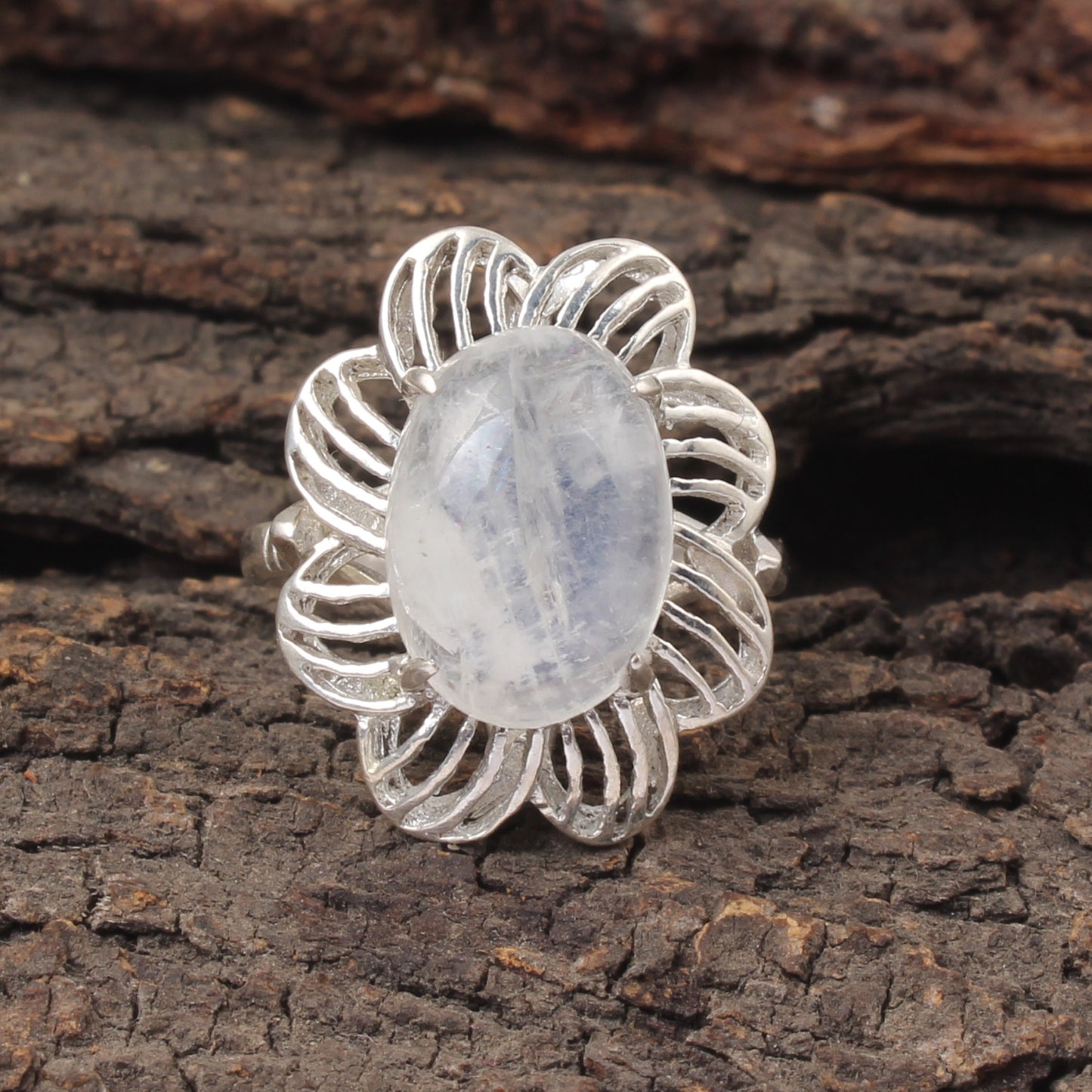Floral Designer Rainbow Moonstone Ring 925 Sterling Silver Natural Oval Gemstone Prong Setting Ring