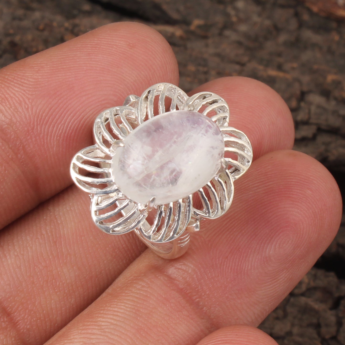 Floral Designer Rainbow Moonstone Ring 925 Sterling Silver Natural Oval Gemstone Prong Setting Ring