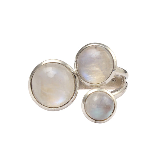 Trio Rainbow Moonstone Ring Handcrafted Adjustable 925 Sterling Silver Natural Round Gemstone Ring