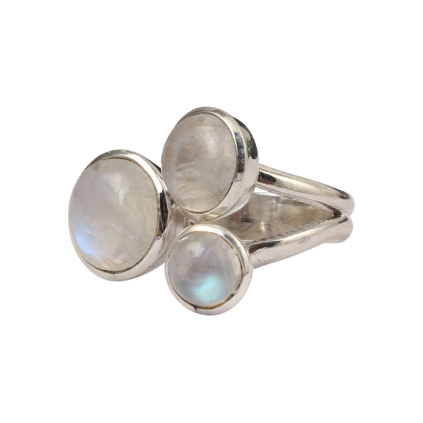 Trio Rainbow Moonstone Ring Handcrafted Adjustable 925 Sterling Silver Natural Round Gemstone Ring