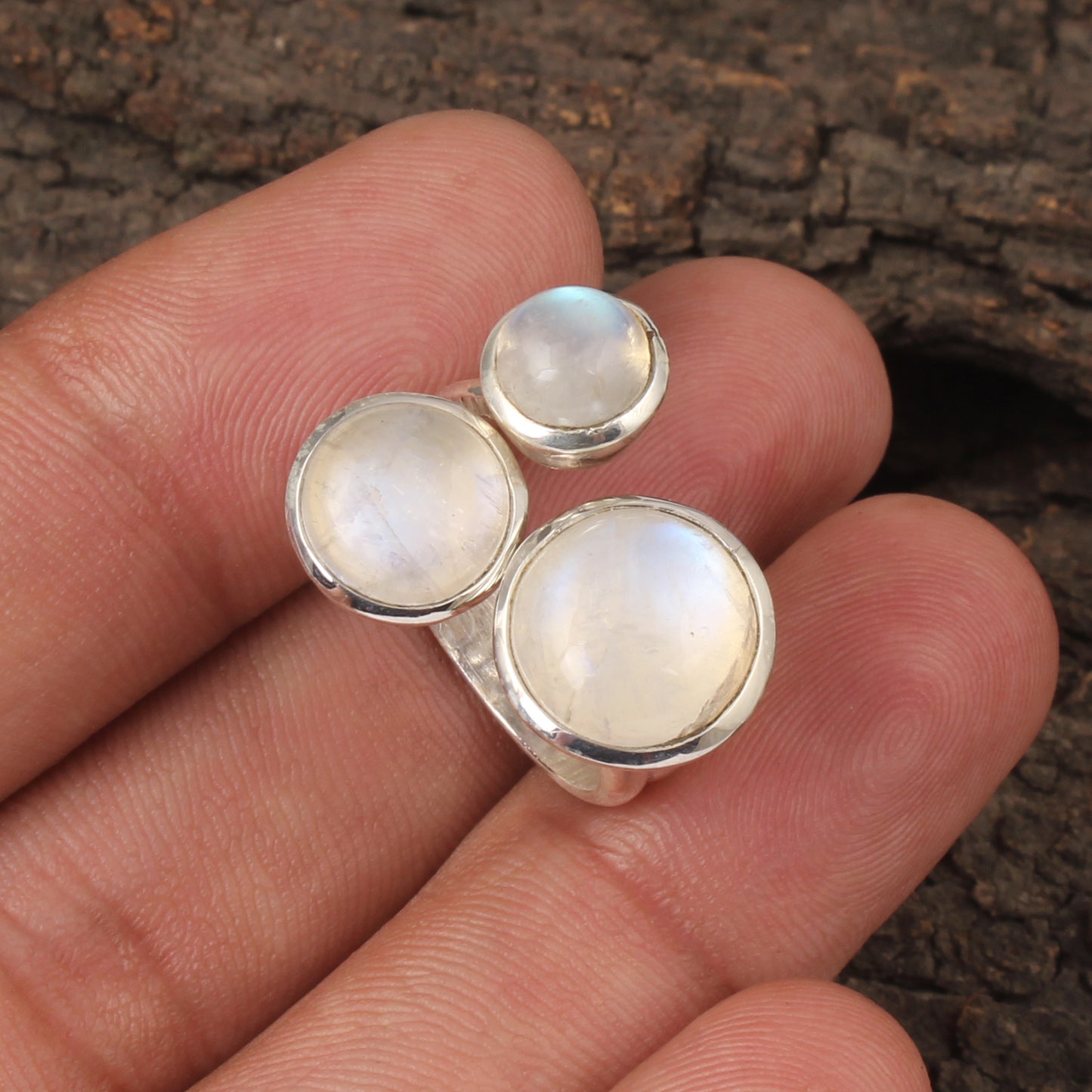 Trio Rainbow Moonstone Ring Handcrafted Adjustable 925 Sterling Silver Natural Round Gemstone Ring