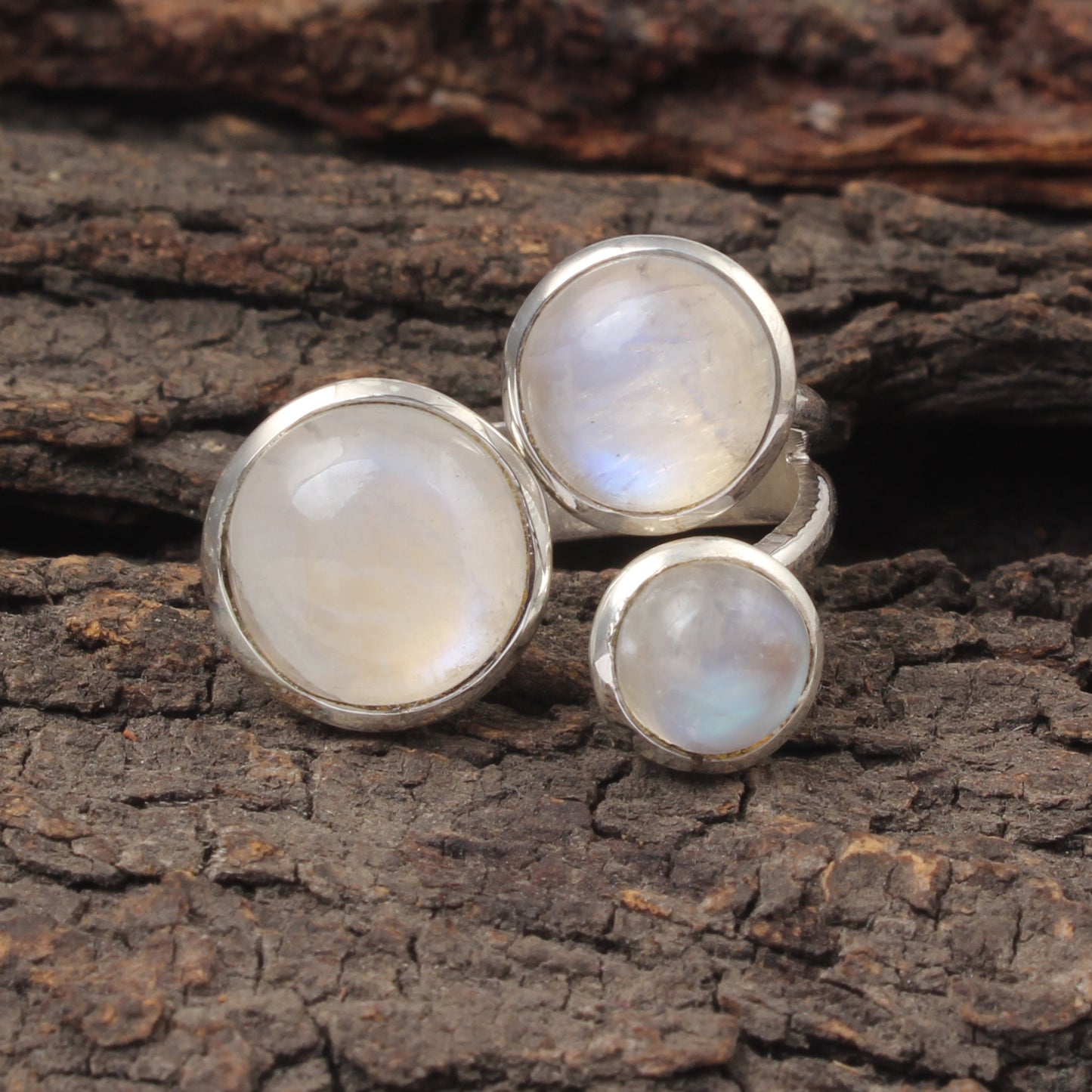 Trio Rainbow Moonstone Ring Handcrafted Adjustable 925 Sterling Silver Natural Round Gemstone Ring