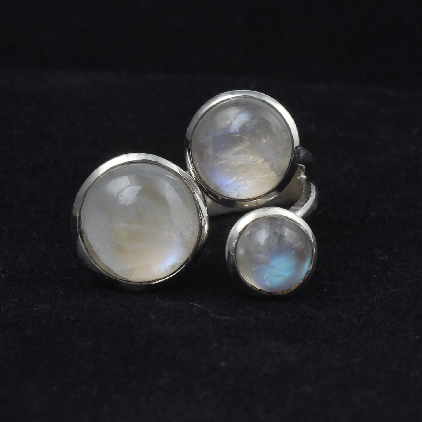 Trio Rainbow Moonstone Ring Handcrafted Adjustable 925 Sterling Silver Natural Round Gemstone Ring