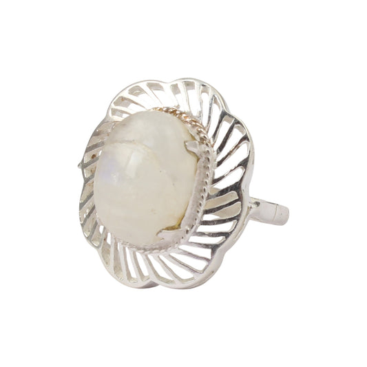 Retro Floral Rainbow Moonstone Ring 925 Sterling Silver Natural Oval Gemstone Prong Setting Ring