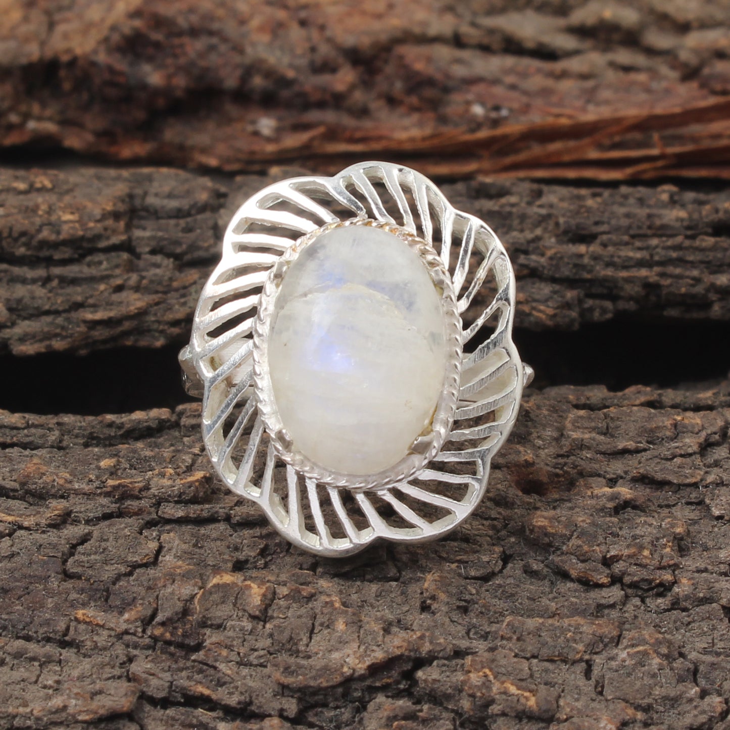 Retro Floral Rainbow Moonstone Ring 925 Sterling Silver Natural Oval Gemstone Prong Setting Ring