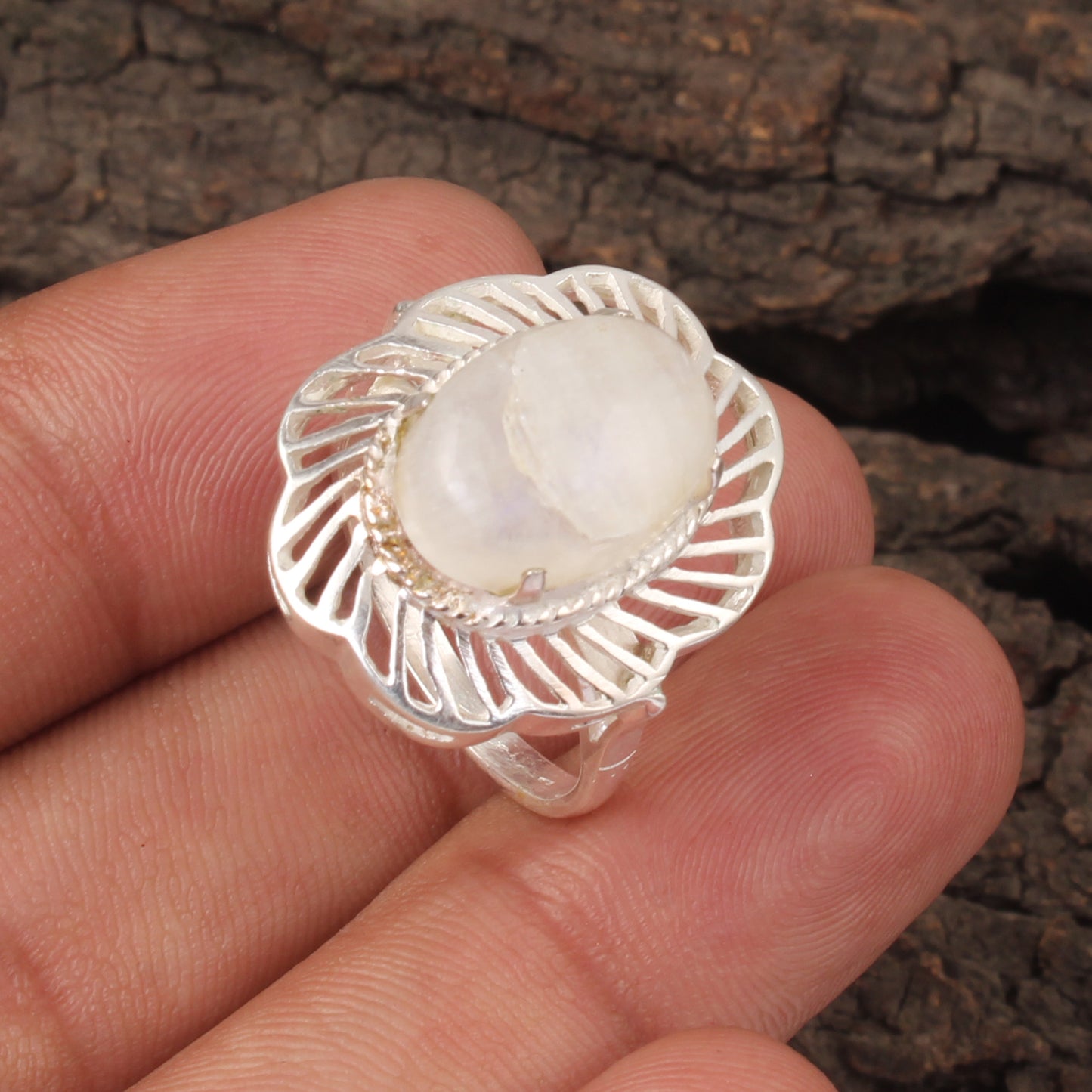 Retro Floral Rainbow Moonstone Ring 925 Sterling Silver Natural Oval Gemstone Prong Setting Ring