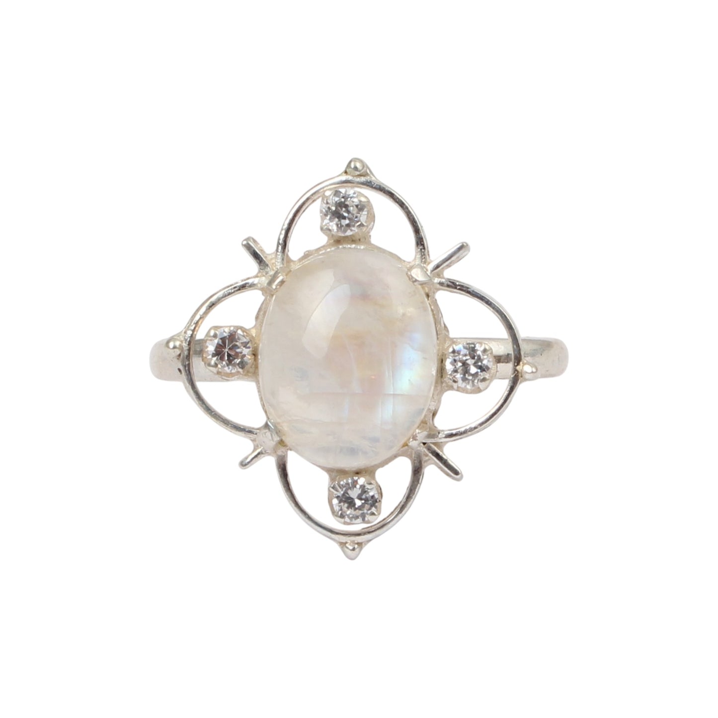 Rainbow Moonstone Ring with CZ Studded 925 Sterling Silver Natural Oval Gemstone Prong Setting Ring