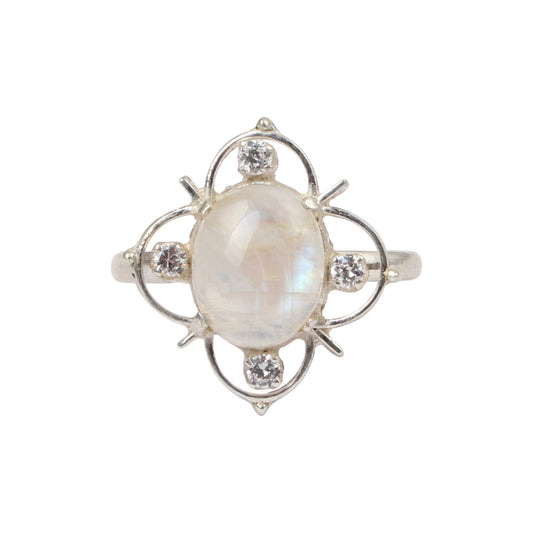 Rainbow Moonstone Ring with CZ Studded 925 Sterling Silver Natural Oval Gemstone Prong Setting Ring
