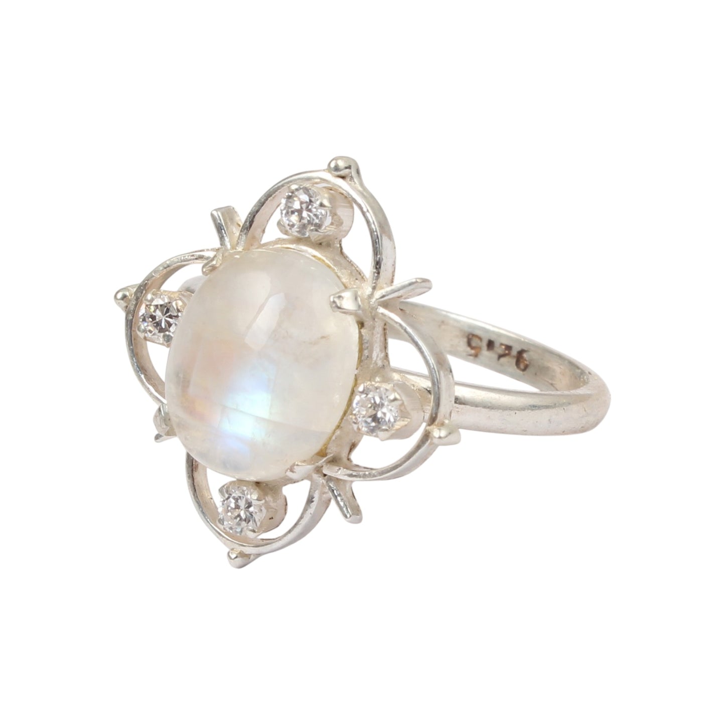 Rainbow Moonstone Ring with CZ Studded 925 Sterling Silver Natural Oval Gemstone Prong Setting Ring