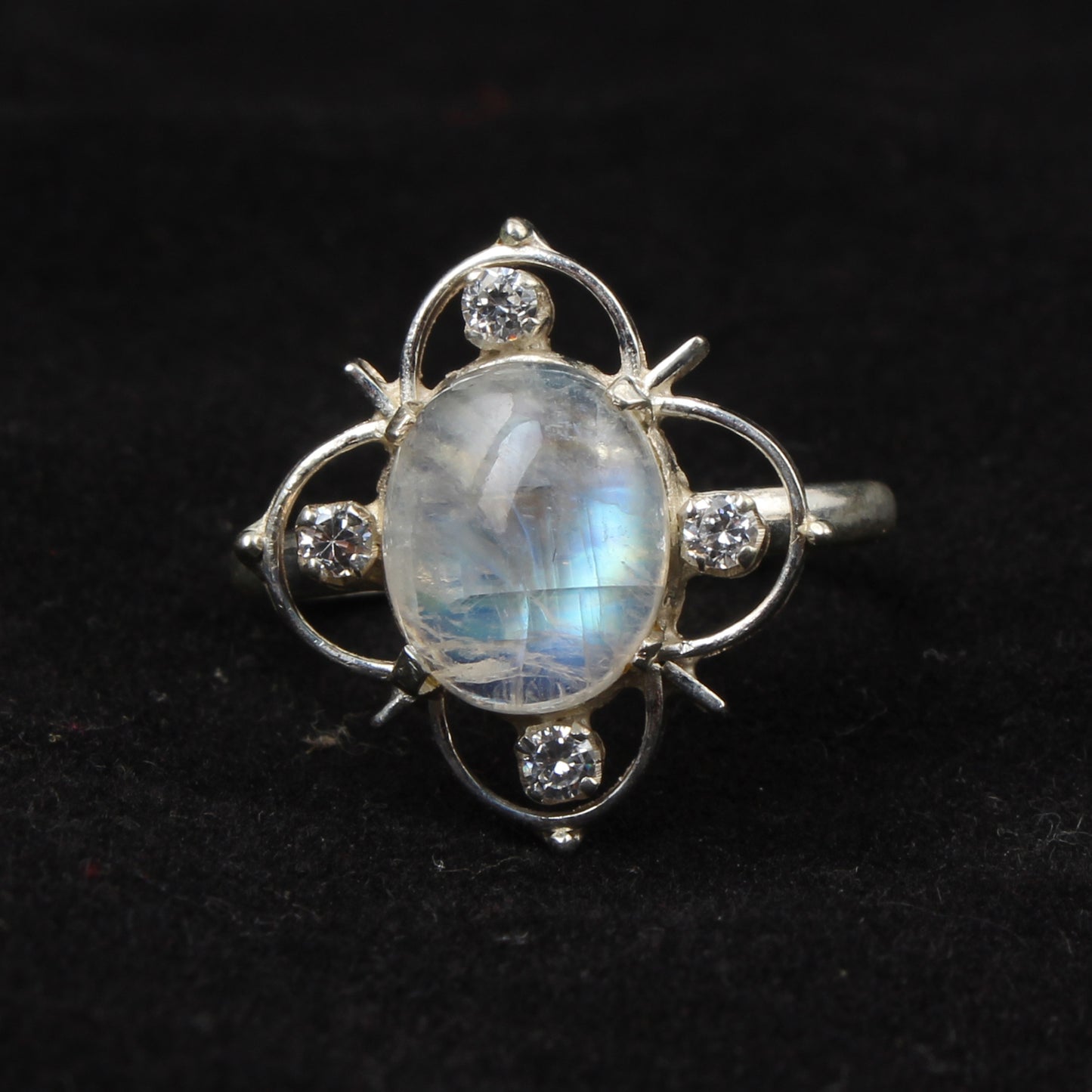 Rainbow Moonstone Ring with CZ Studded 925 Sterling Silver Natural Oval Gemstone Prong Setting Ring