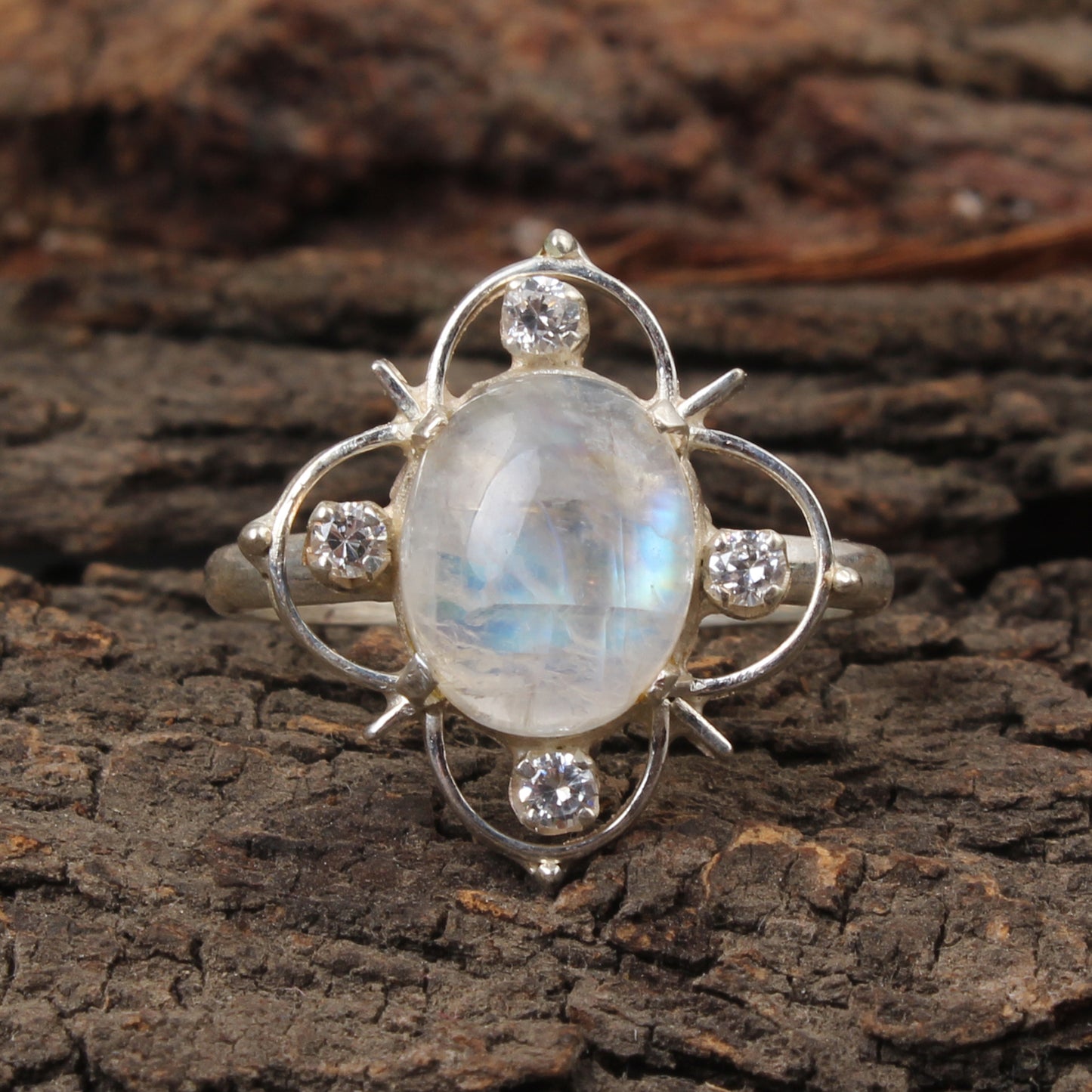Rainbow Moonstone Ring with CZ Studded 925 Sterling Silver Natural Oval Gemstone Prong Setting Ring