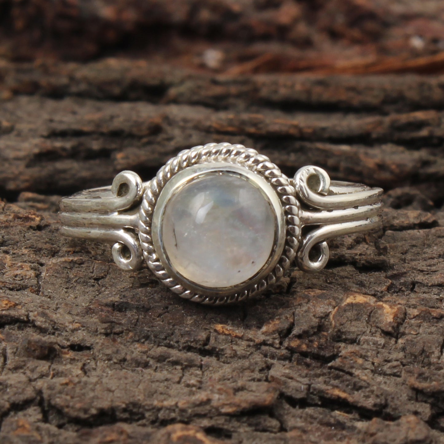 Rainbow Moonstone Ring Handmade Twisted Wire 925 Sterling Silver Natural Round Gemstone Ring