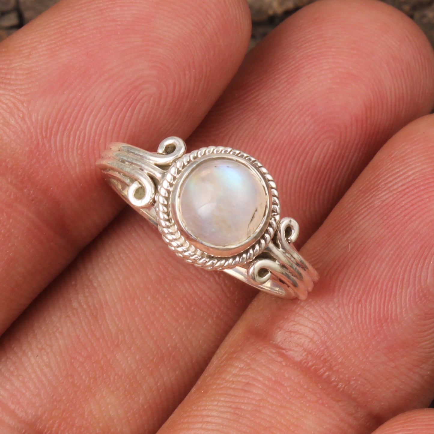 Rainbow Moonstone Ring Handmade Twisted Wire 925 Sterling Silver Natural Round Gemstone Ring