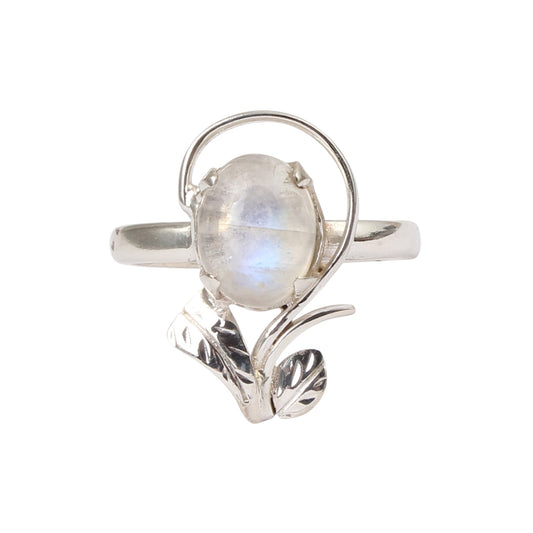 Designer Leaf Rainbow Moonstone Ring 925 Sterling Silver Natural Oval Gemstone Prong Setting Ring