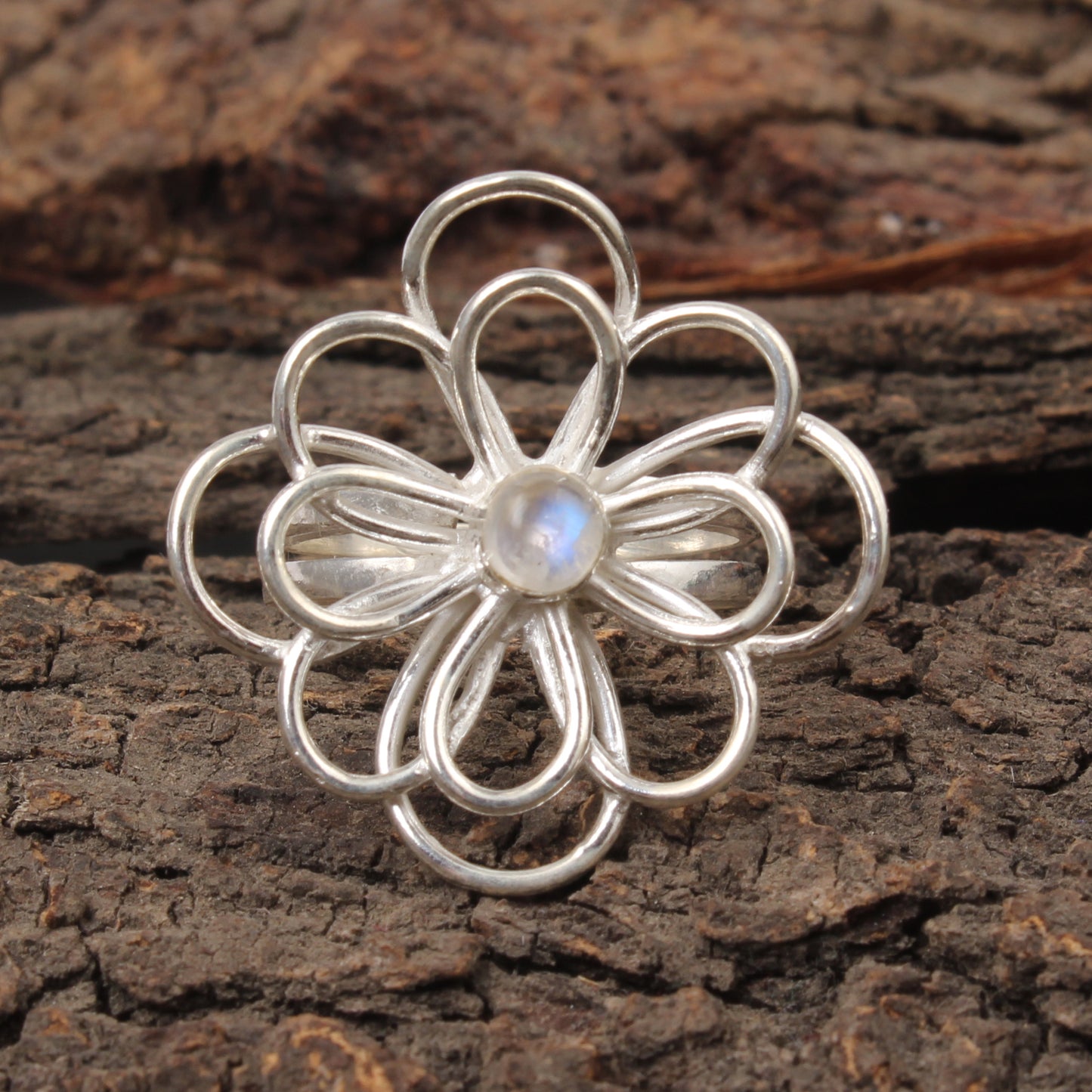 Floral Inspired Cocktail Ring Natural Rainbow Moonstone Handmade 925 Sterling Silver Gemstone Ring