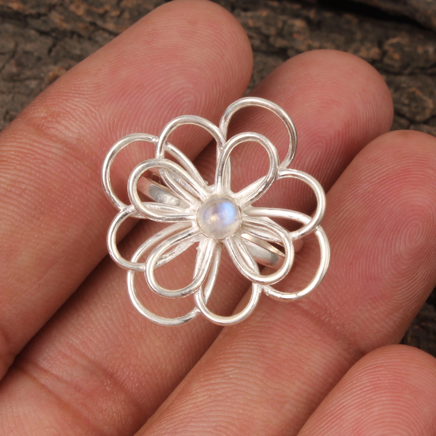 Floral Inspired Cocktail Ring Natural Rainbow Moonstone Handmade 925 Sterling Silver Gemstone Ring