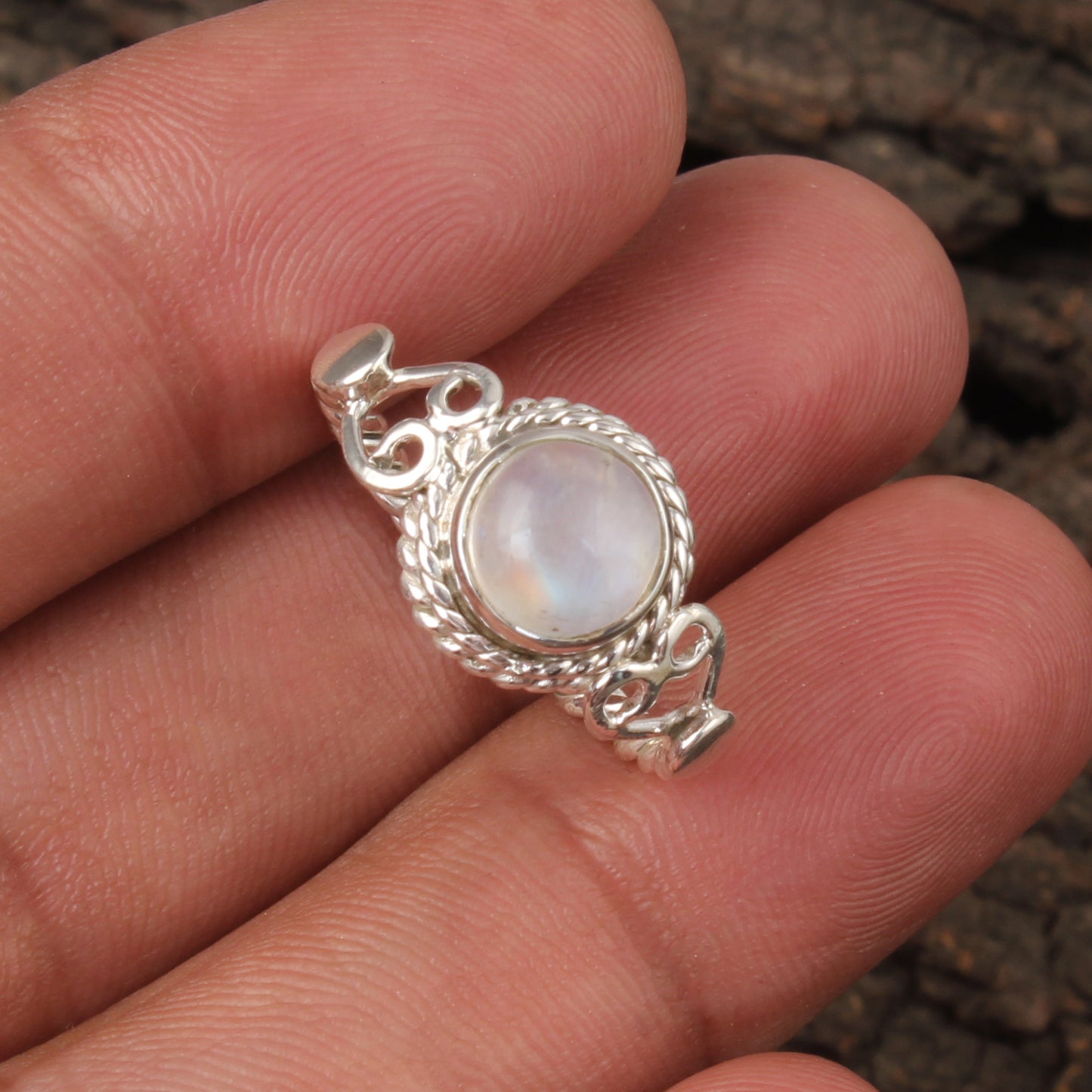 Boho Rainbow Moonstone Ring Handmade Twisted Wire 925 Sterling Silver Natural Round Gemstone Ring