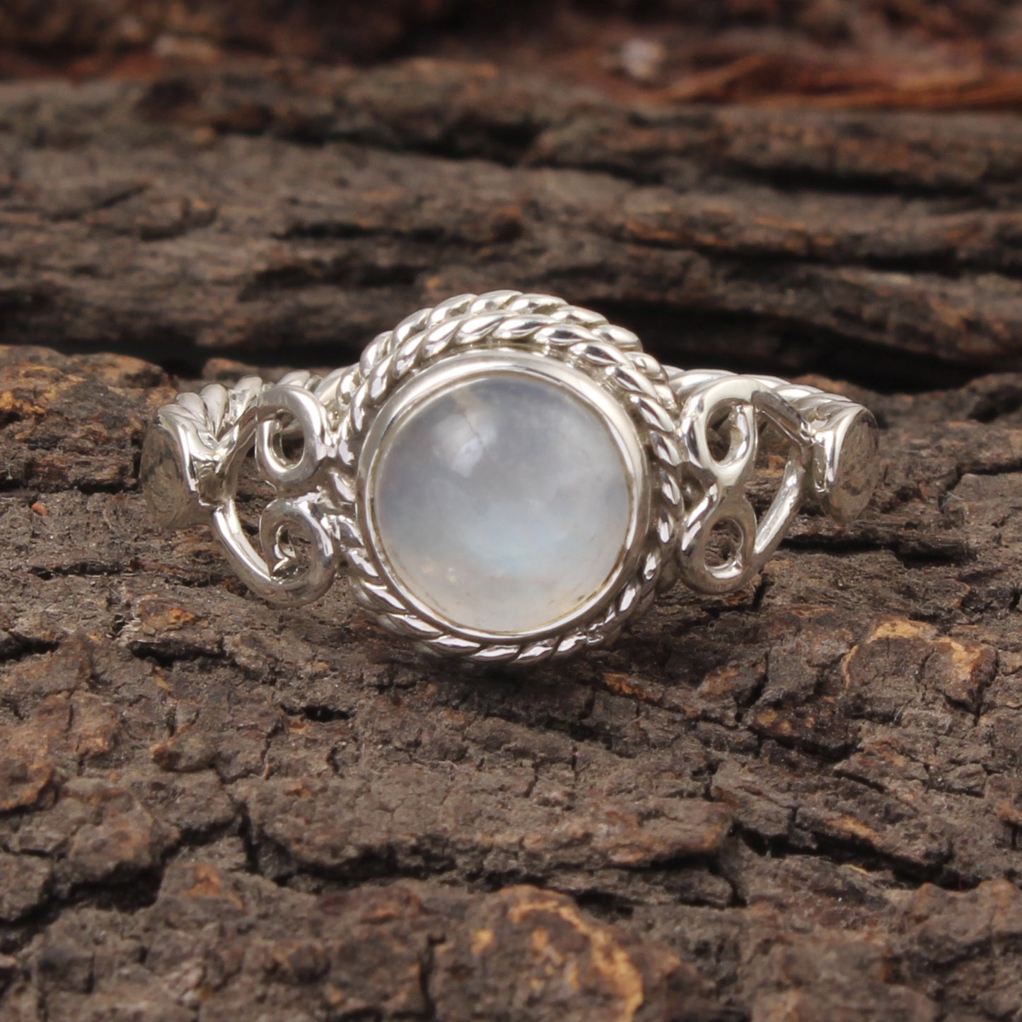 Boho Rainbow Moonstone Ring Handmade Twisted Wire 925 Sterling Silver Natural Round Gemstone Ring