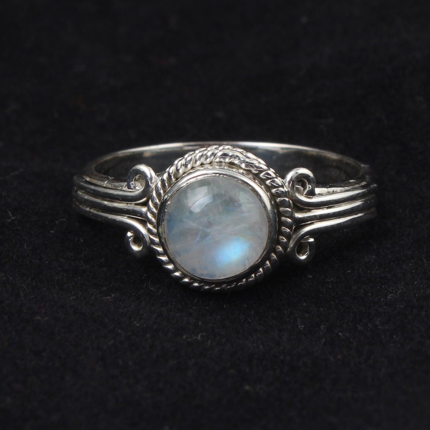 Natural Rainbow Moonstone Ring Handmade Twisted Wire 925 Sterling Silver Round Gemstone Ring