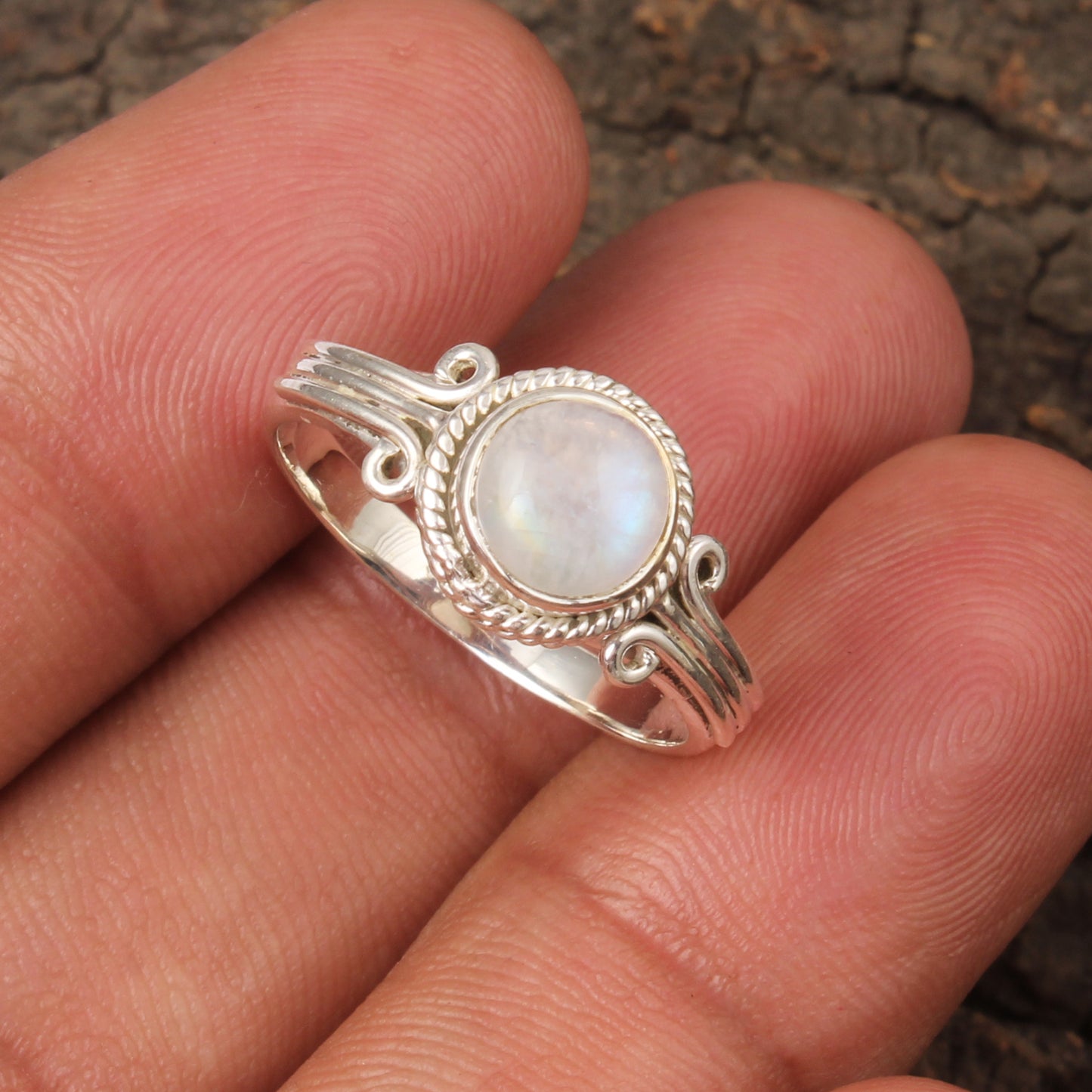 Natural Rainbow Moonstone Ring Handmade Twisted Wire 925 Sterling Silver Round Gemstone Ring