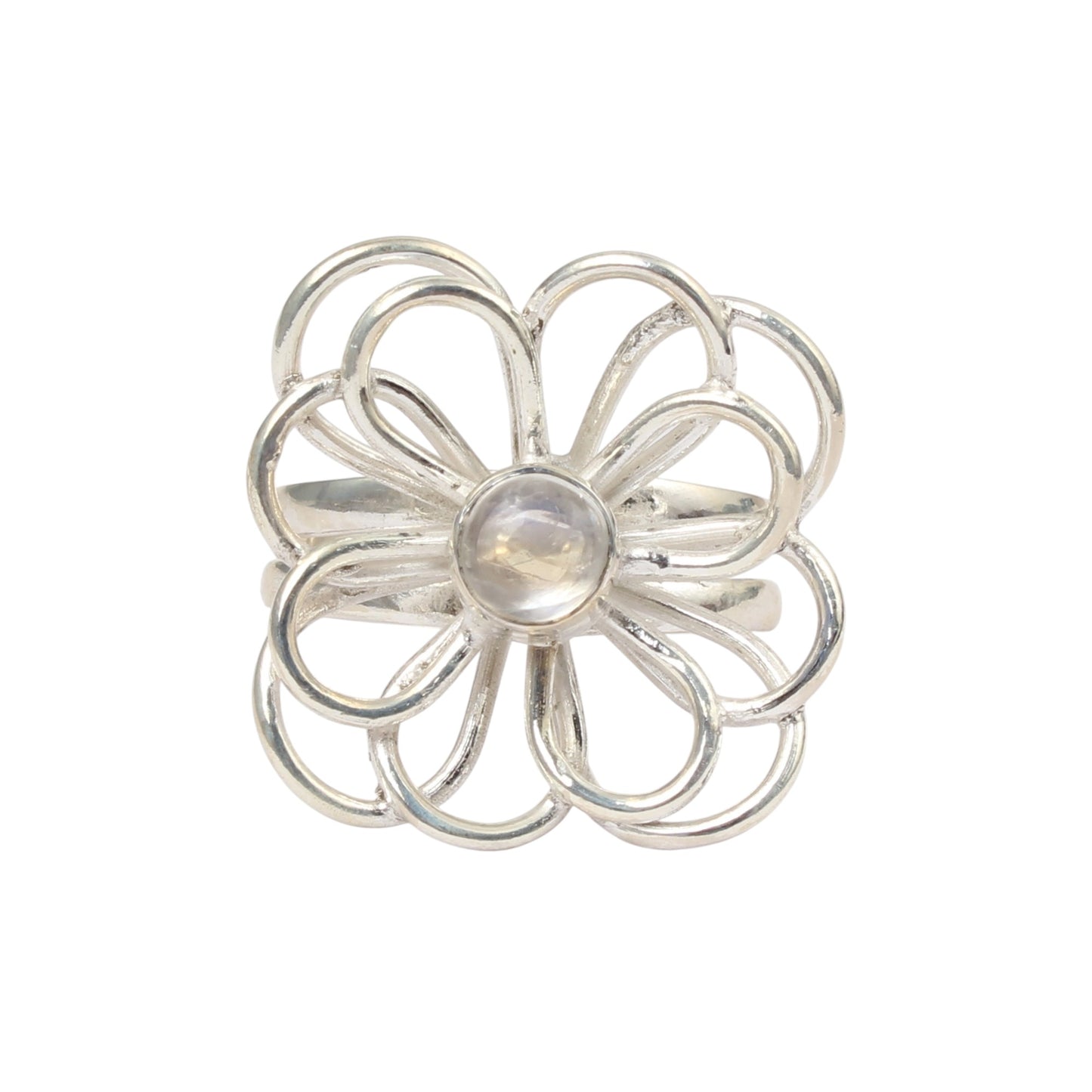 Floral Inspired Cocktail Ring Natural Rainbow Moonstone Handmade 925 Sterling Silver Round Gemstone Ring