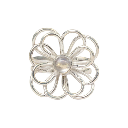 Floral Inspired Cocktail Ring Natural Rainbow Moonstone Handmade 925 Sterling Silver Round Gemstone Ring