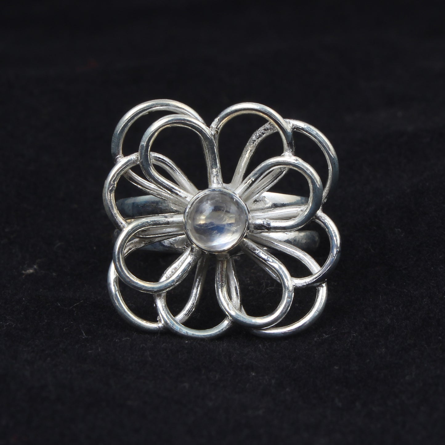 Floral Inspired Cocktail Ring Natural Rainbow Moonstone Handmade 925 Sterling Silver Round Gemstone Ring