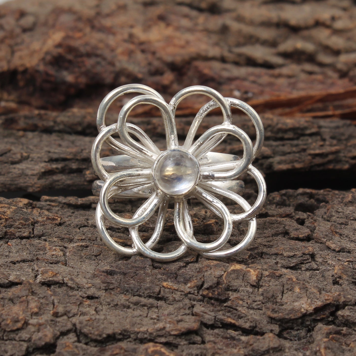 Floral Inspired Cocktail Ring Natural Rainbow Moonstone Handmade 925 Sterling Silver Round Gemstone Ring