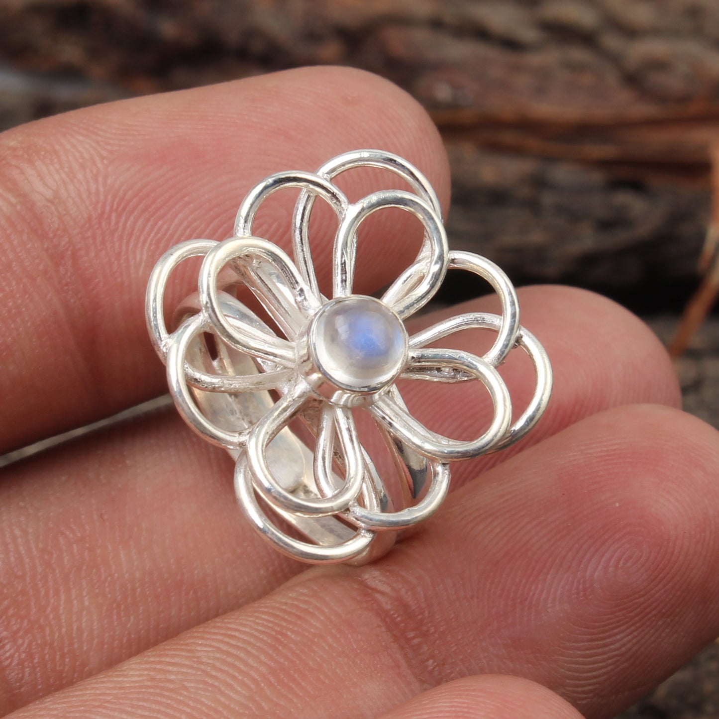 Floral Inspired Cocktail Ring Natural Rainbow Moonstone Handmade 925 Sterling Silver Round Gemstone Ring