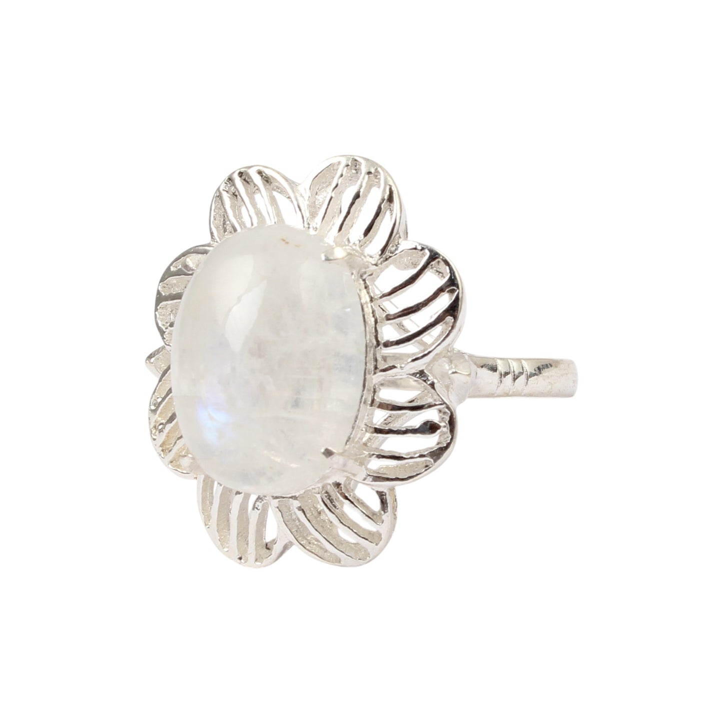 Floral Rainbow Moonstone Ring Designer 925 Sterling Silver Natural Gemstone Prong Setting Ring