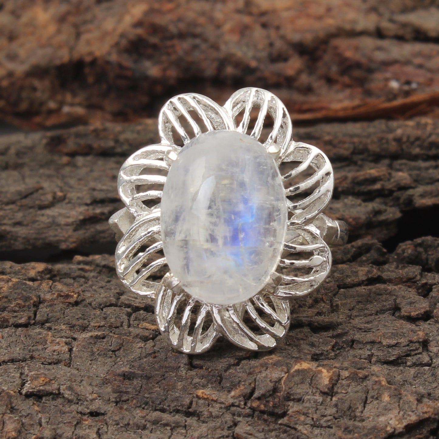 Floral Rainbow Moonstone Ring Designer 925 Sterling Silver Natural Gemstone Prong Setting Ring
