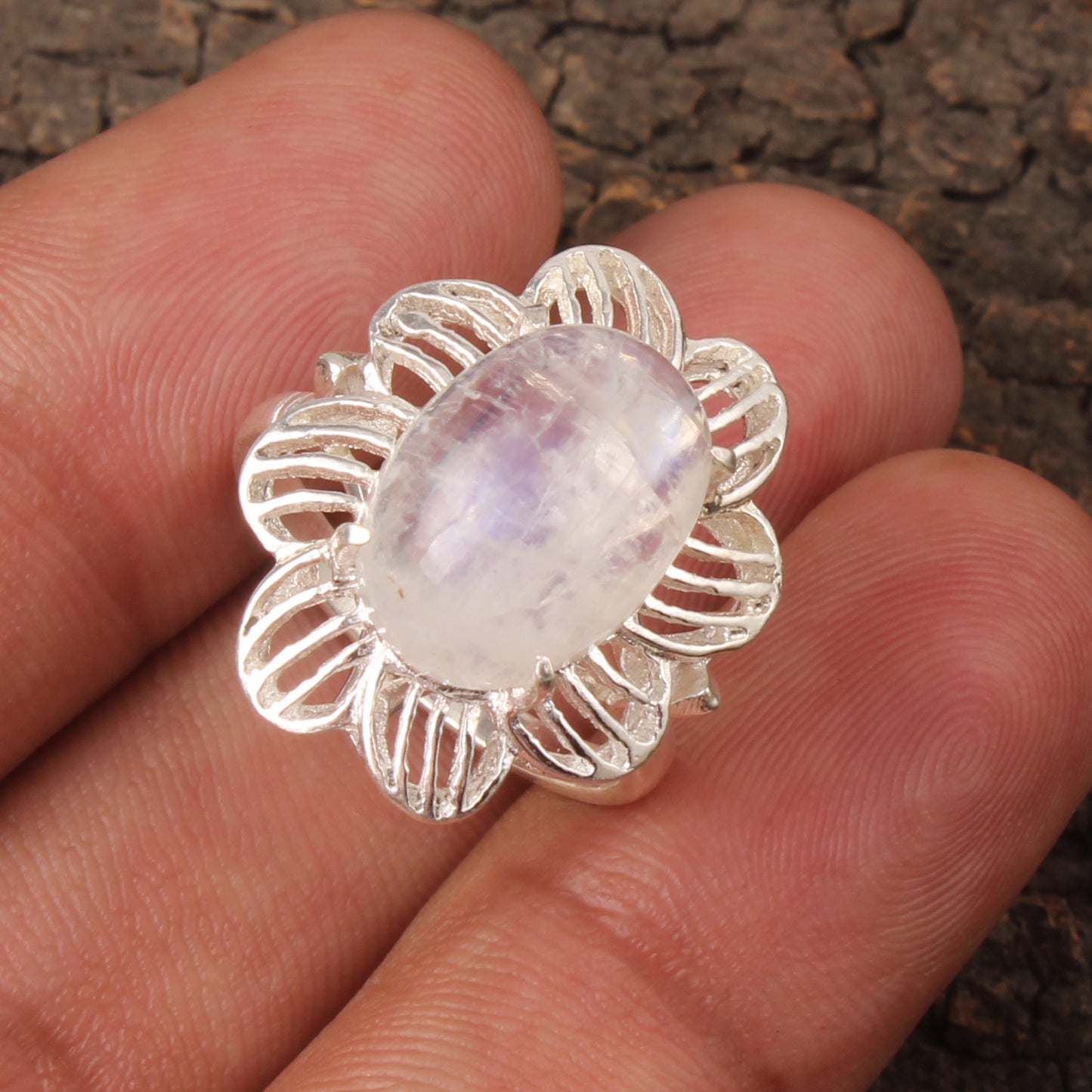 Floral Rainbow Moonstone Ring Designer 925 Sterling Silver Natural Gemstone Prong Setting Ring