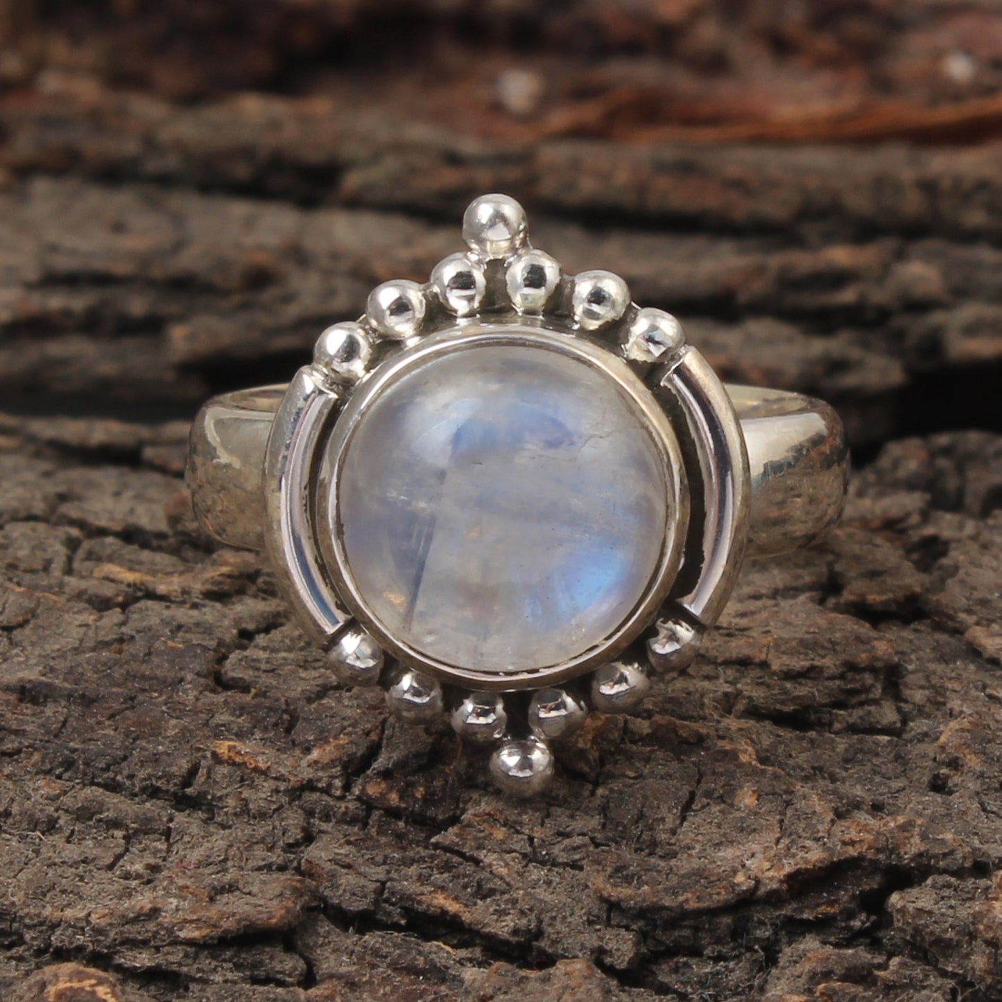 Bohemian Rainbow Moonstone Ring Handmade 925 Sterling Silver Natural Gemstone Statement Ring