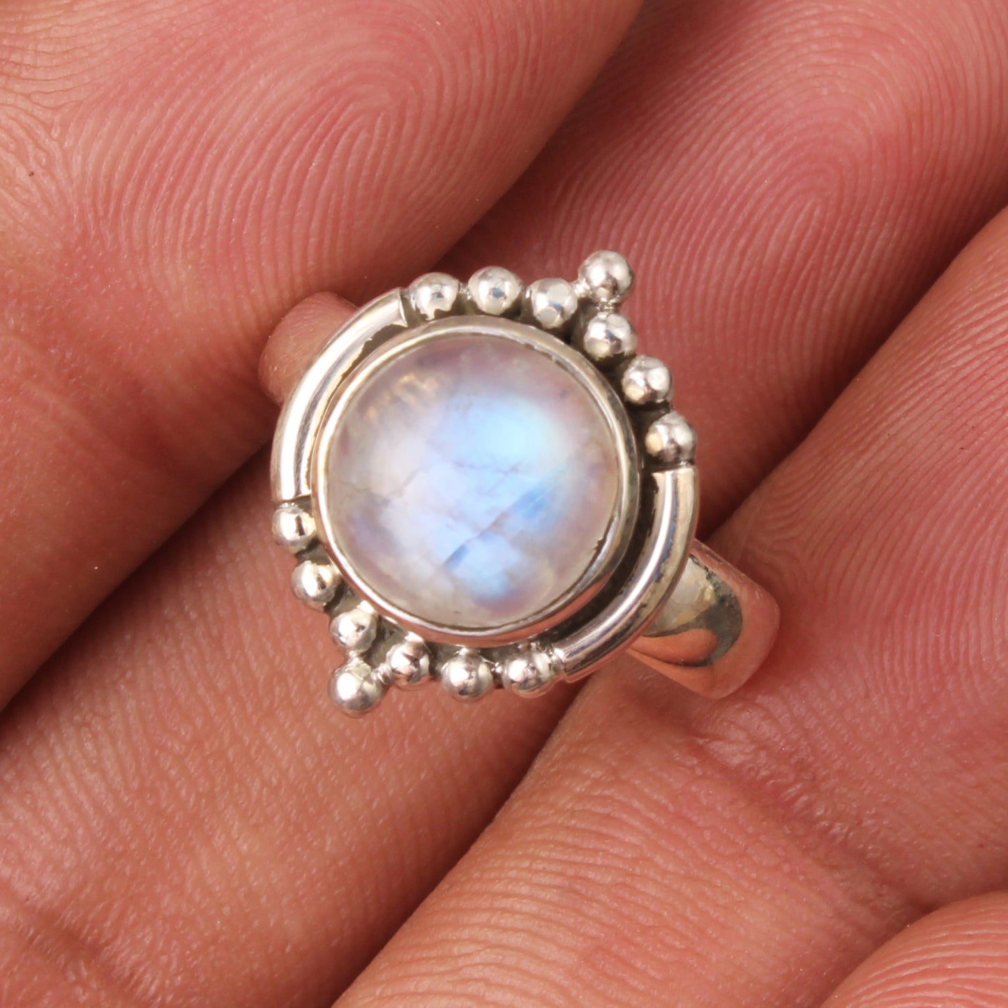 Bohemian Rainbow Moonstone Ring Handmade 925 Sterling Silver Natural Gemstone Statement Ring