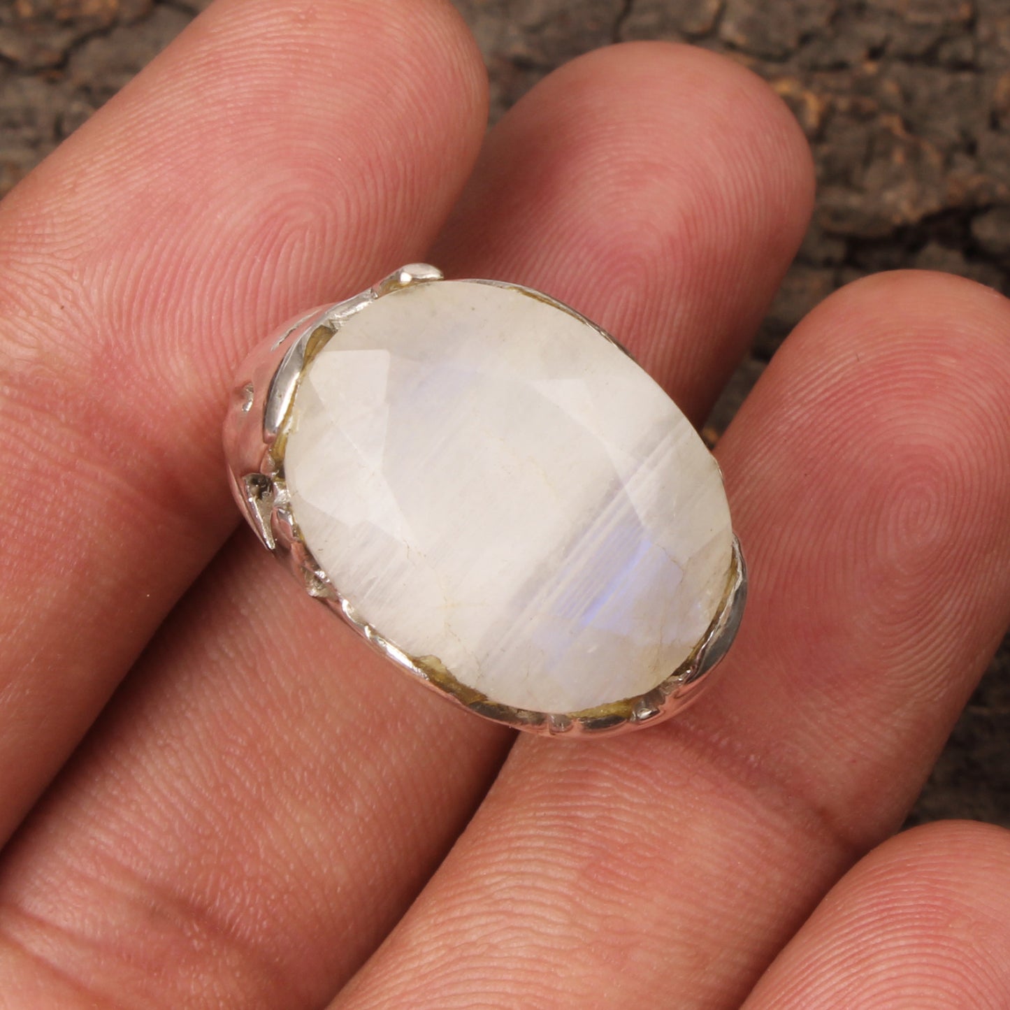 Rainbow Moonstone Openwork Ring Designer Heavy 925 Sterling Silver Natural Gemstone Ring