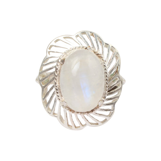 Floral Oval Rainbow Moonstone Ring Designer 925 Sterling Silver Natural Gemstone Prong Setting Ring