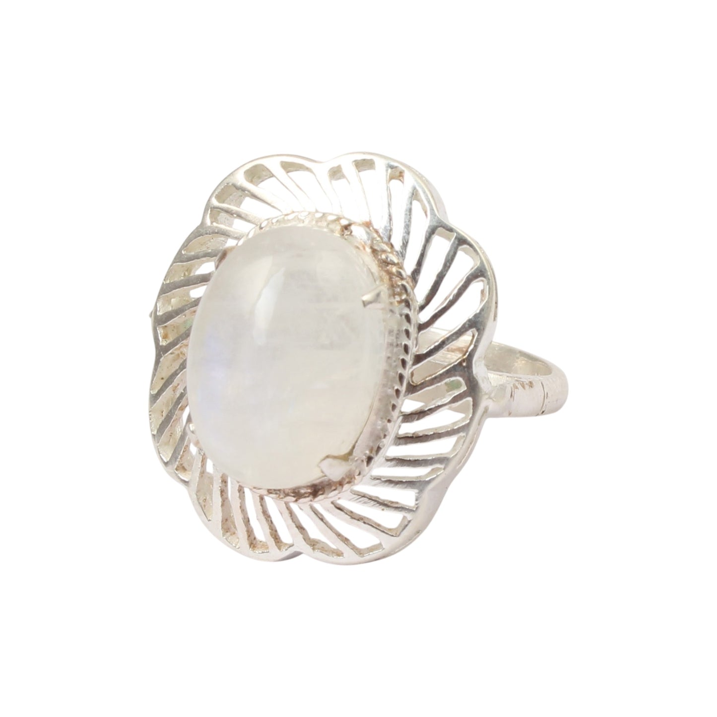 Floral Oval Rainbow Moonstone Ring Designer 925 Sterling Silver Natural Gemstone Prong Setting Ring