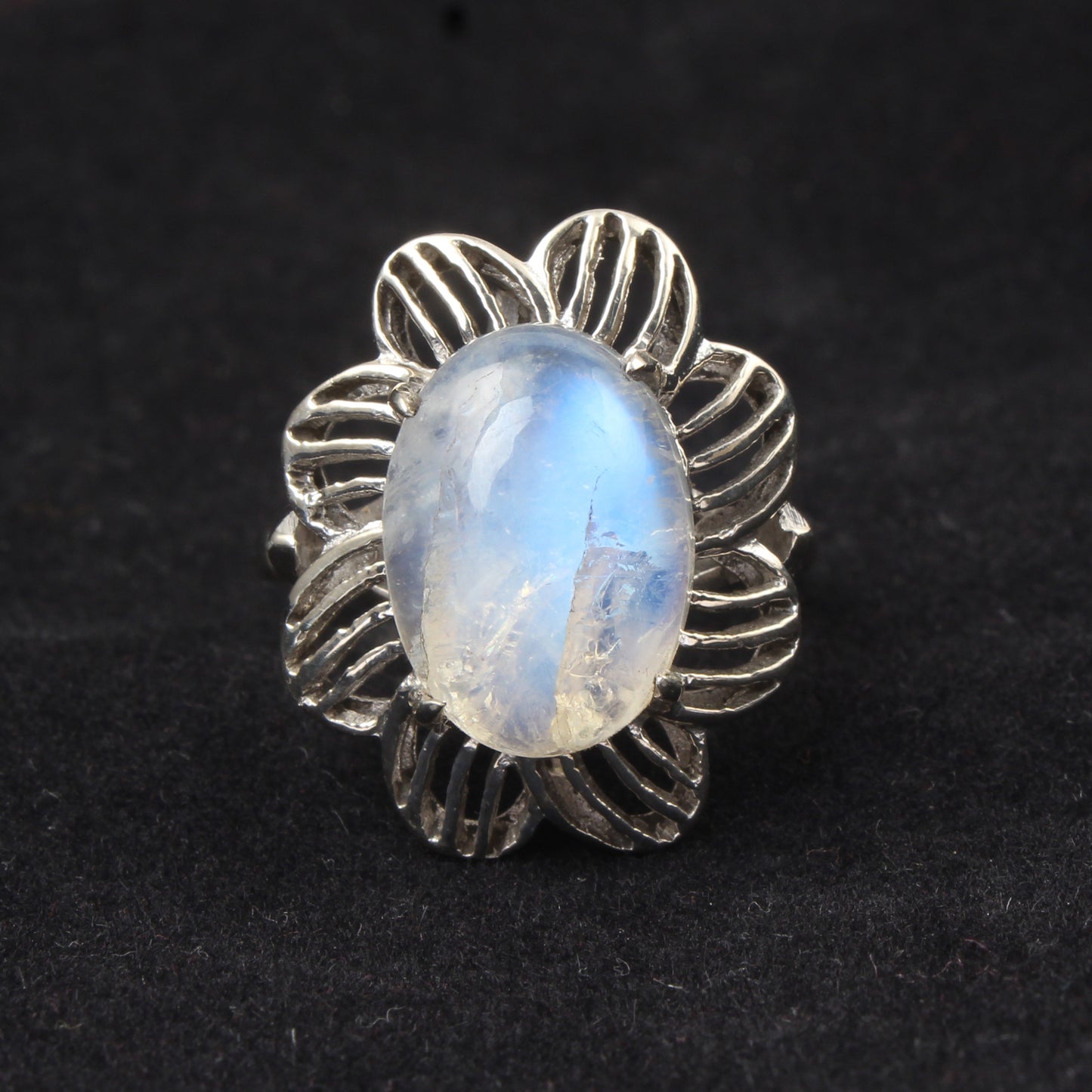 Floral Oval Rainbow Moonstone Ring Designer 925 Sterling Silver Natural Gemstone Prong Setting Ring