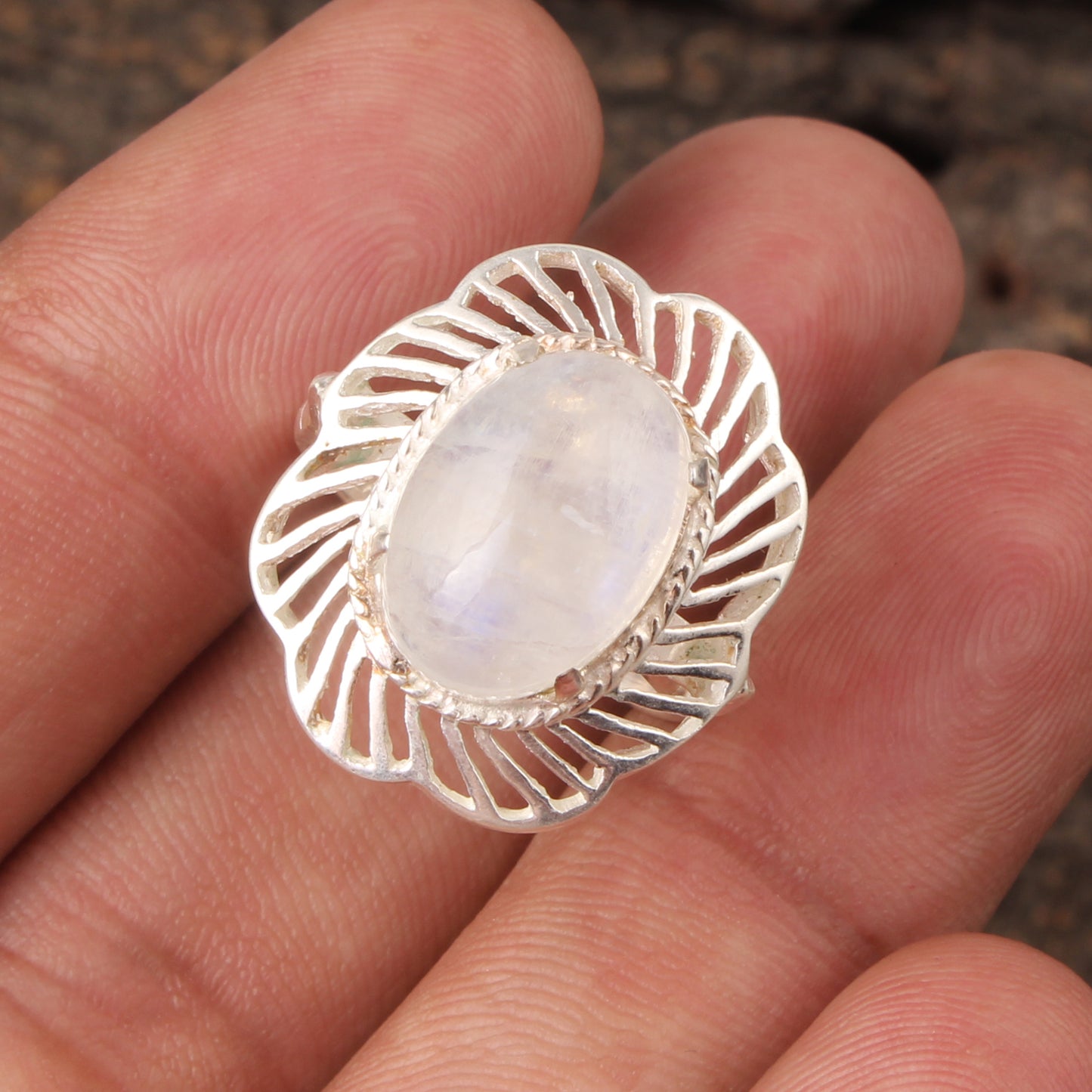 Floral Oval Rainbow Moonstone Ring Designer 925 Sterling Silver Natural Gemstone Prong Setting Ring