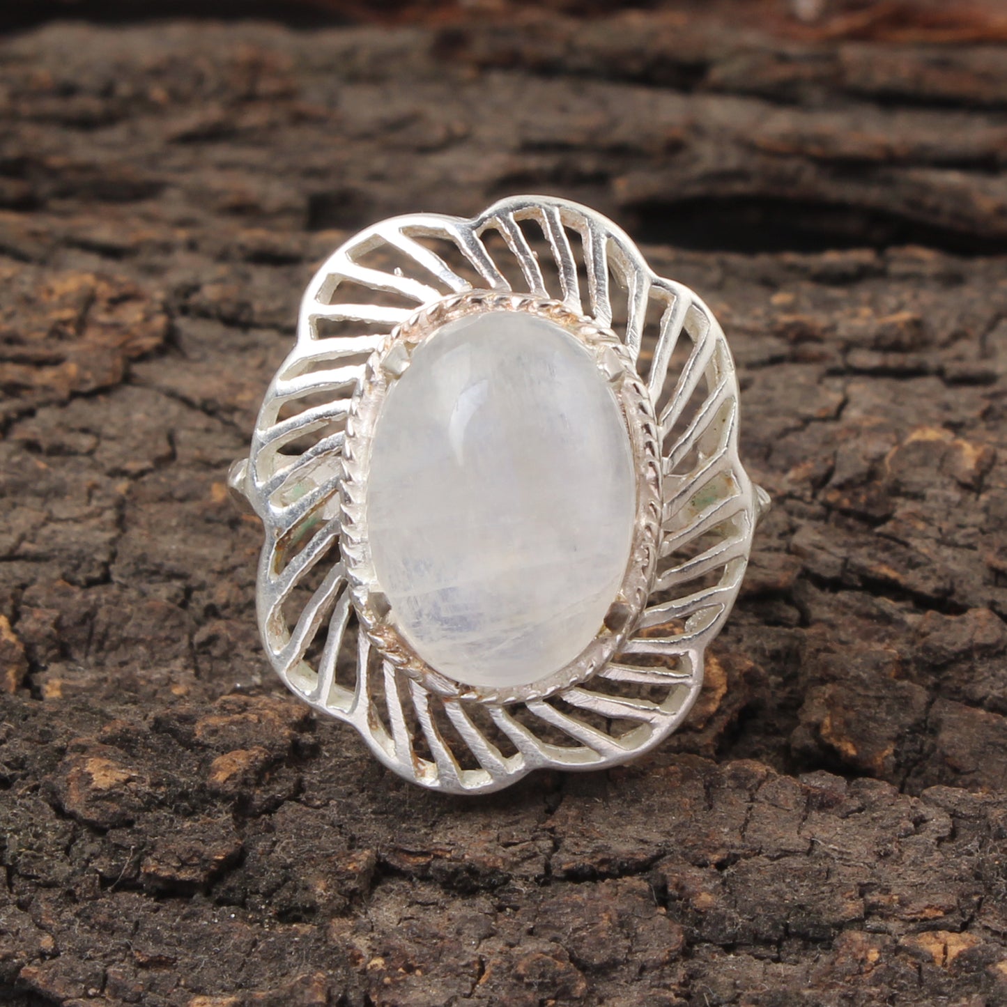 Floral Oval Rainbow Moonstone Ring Designer 925 Sterling Silver Natural Gemstone Prong Setting Ring