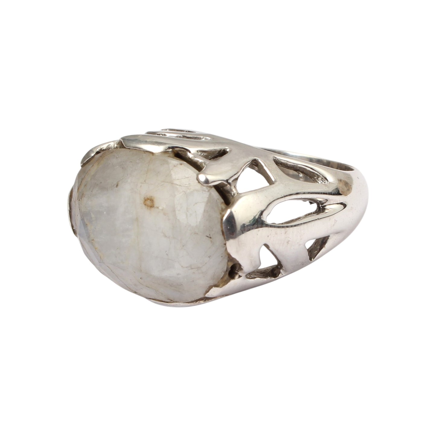 Rainbow Moonstone Openwork Ring Designer Heavy 925 Sterling Silver Natural Oval Gemstone Ring