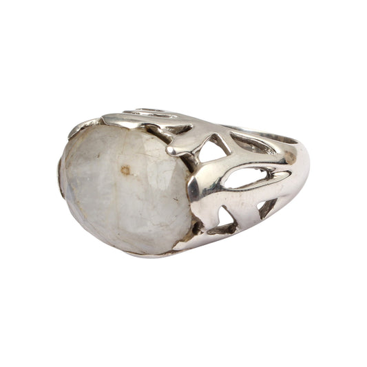 Rainbow Moonstone Openwork Ring Designer Heavy 925 Sterling Silver Natural Oval Gemstone Ring
