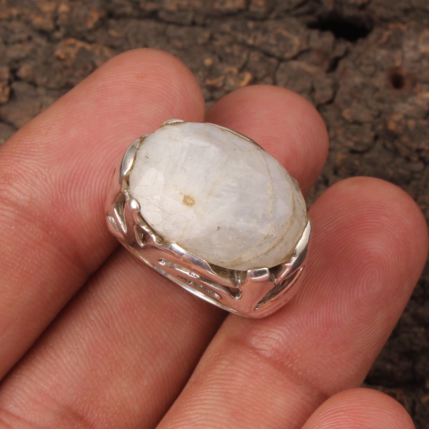 Rainbow Moonstone Openwork Ring Designer Heavy 925 Sterling Silver Natural Oval Gemstone Ring