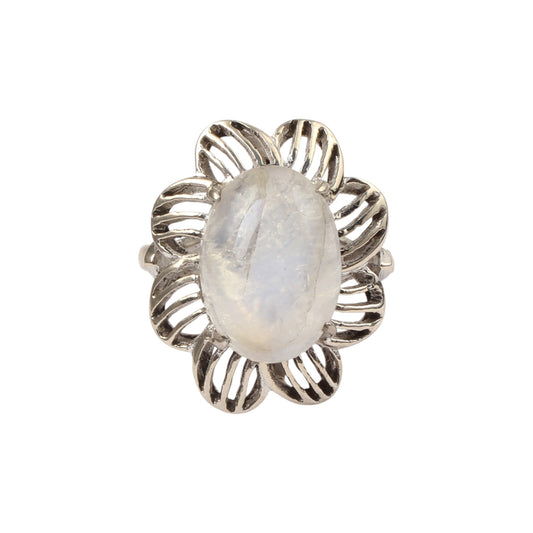Floral Rainbow Moonstone Ring Designer 925 Sterling Silver Natural Oval Shape Gemstone Prong Setting Ring