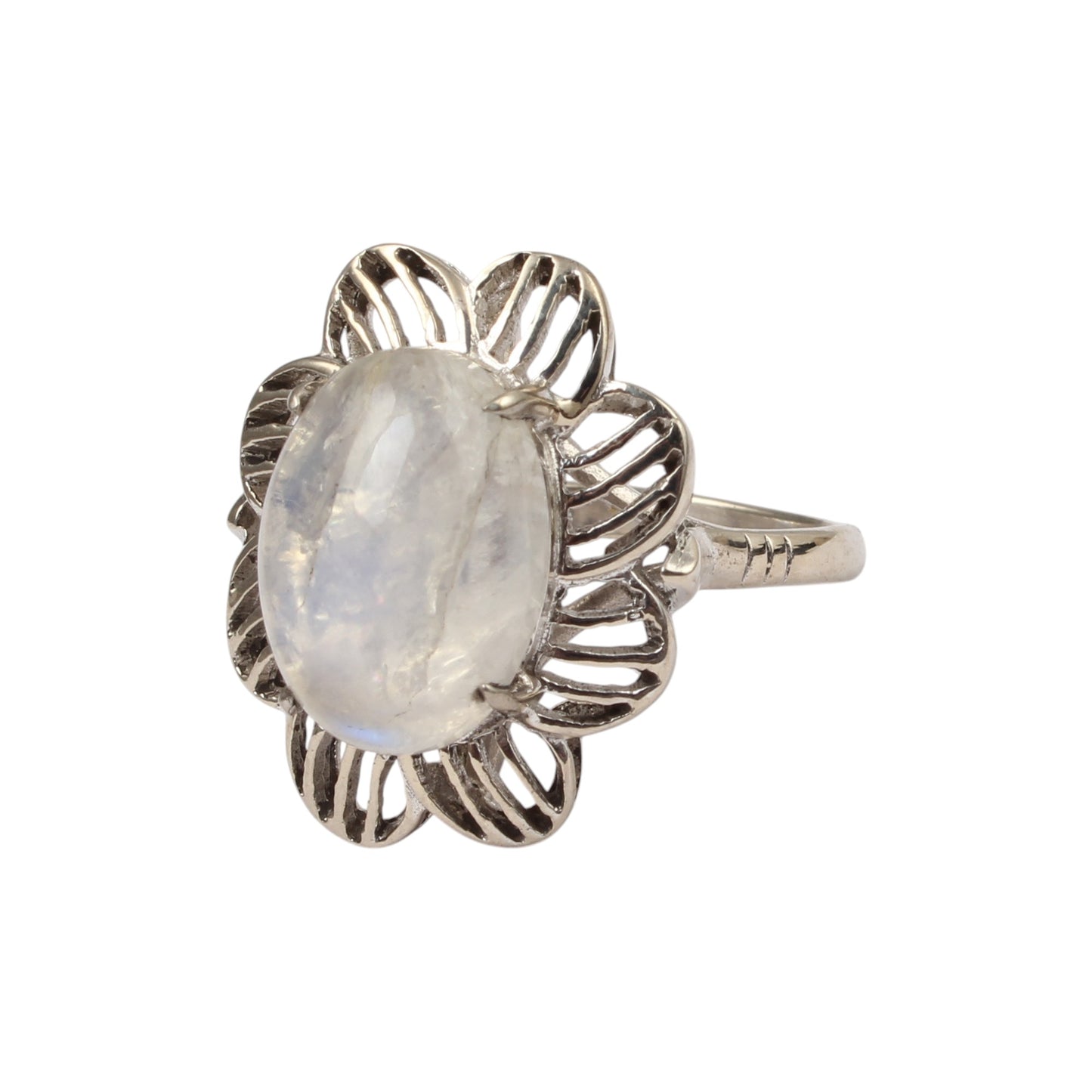 Floral Rainbow Moonstone Ring Designer 925 Sterling Silver Natural Oval Shape Gemstone Prong Setting Ring