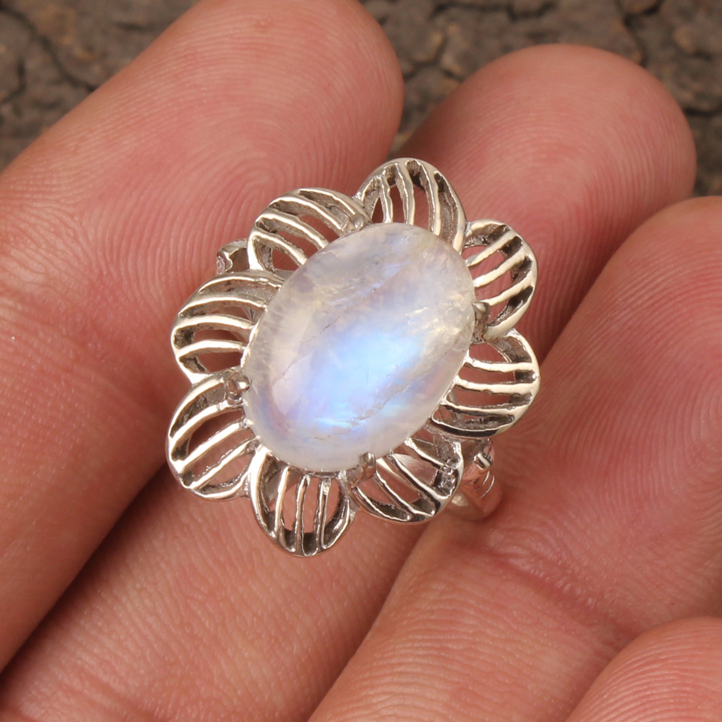 Floral Rainbow Moonstone Ring Designer 925 Sterling Silver Natural Oval Shape Gemstone Prong Setting Ring