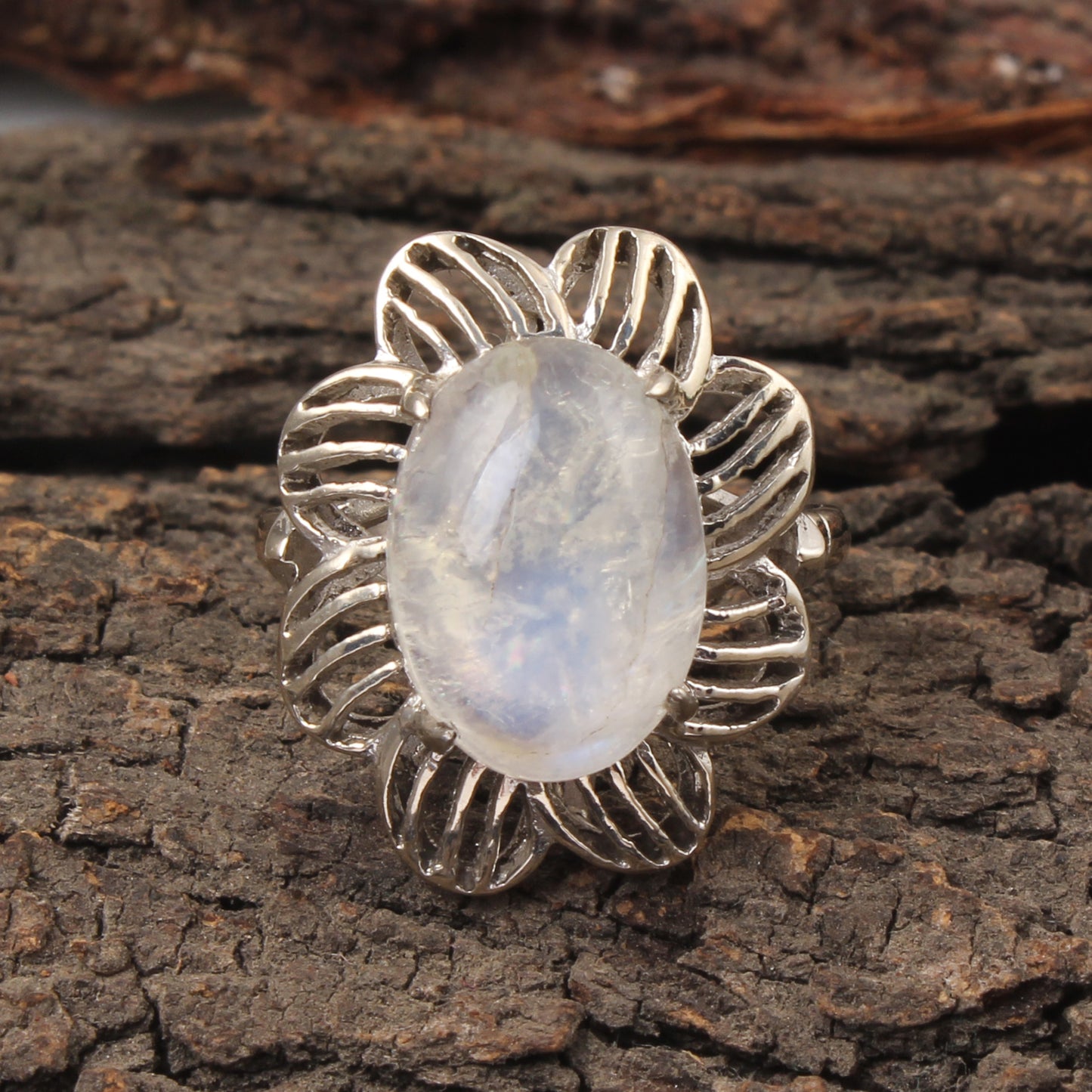 Floral Rainbow Moonstone Ring Designer 925 Sterling Silver Natural Oval Shape Gemstone Prong Setting Ring