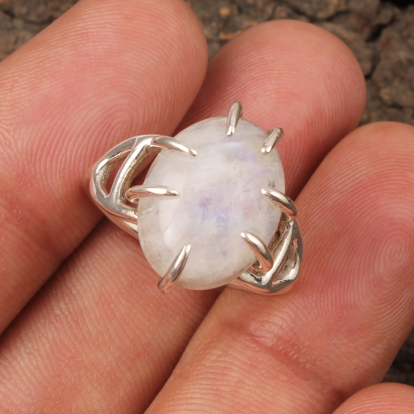 Rainbow Moonstone Solitaire Prong Setting Ring Handmade 925 Sterling Silver Natural Gemstone Ring